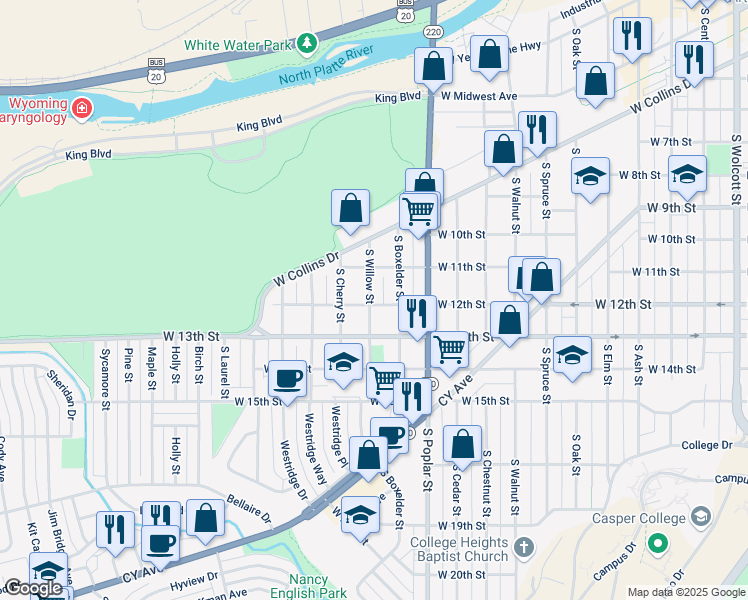 map of restaurants, bars, coffee shops, grocery stores, and more near 1140 West 12th Street in Casper