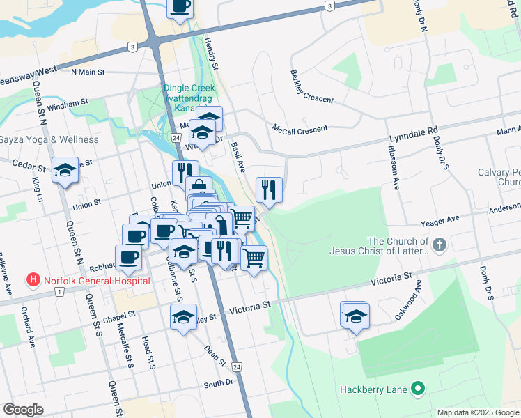 map of restaurants, bars, coffee shops, grocery stores, and more near 1 Argyle Street in Simcoe