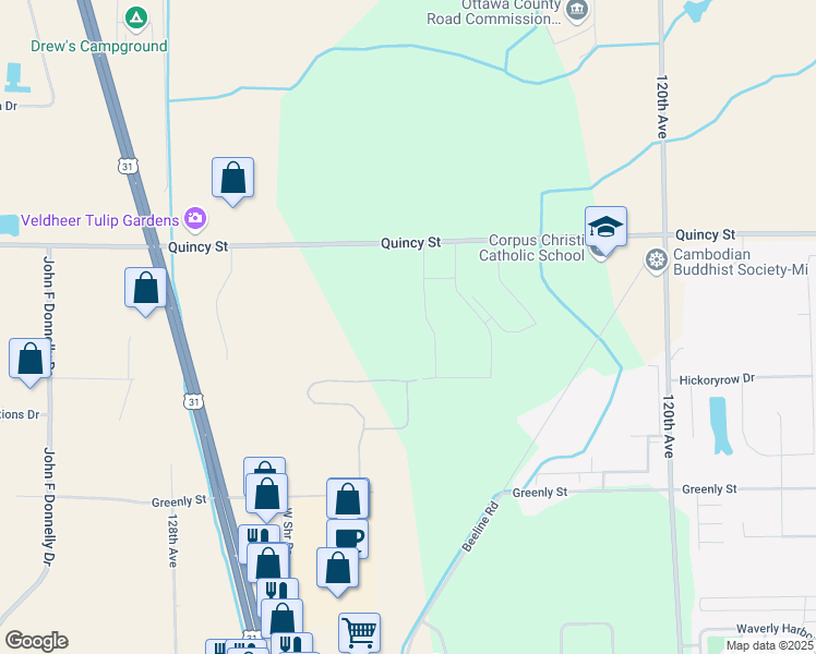 map of restaurants, bars, coffee shops, grocery stores, and more near 12510 Quincy Street in Holland