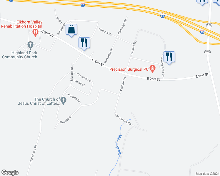 map of restaurants, bars, coffee shops, grocery stores, and more near 1361 Morado Drive in Casper