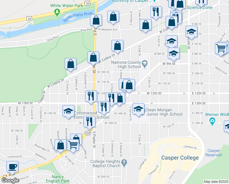 map of restaurants, bars, coffee shops, grocery stores, and more near 1204 South Walnut Street in Casper
