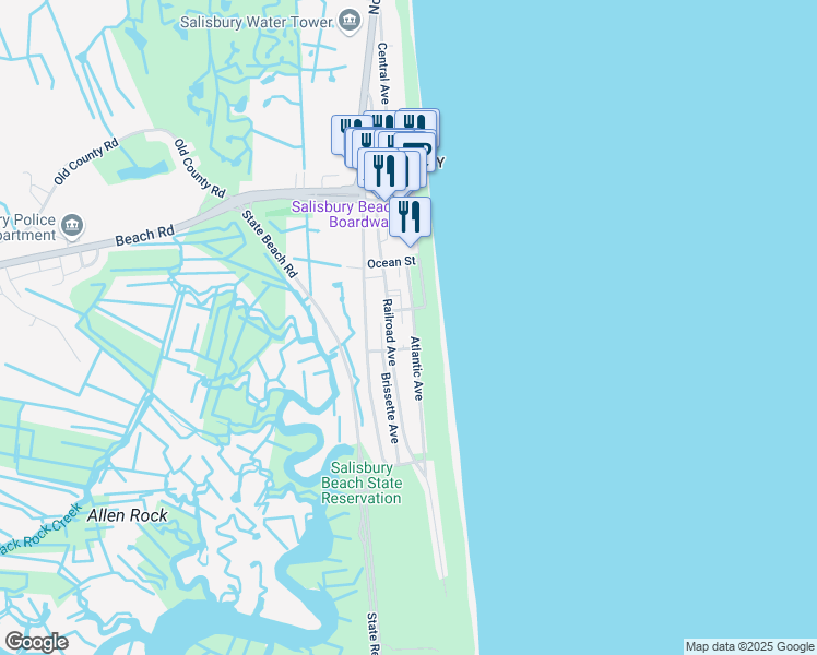 map of restaurants, bars, coffee shops, grocery stores, and more near 52 Atlantic Avenue in Salisbury