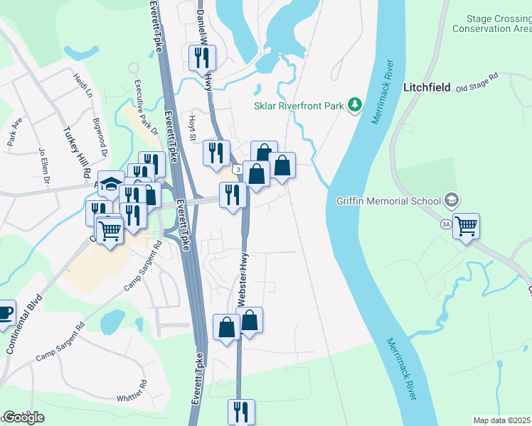 map of restaurants, bars, coffee shops, grocery stores, and more near 297 Daniel Webster Highway in Merrimack