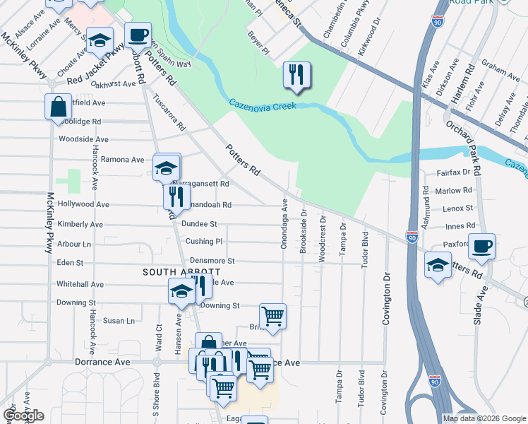 map of restaurants, bars, coffee shops, grocery stores, and more near 134 Dundee Street in Buffalo