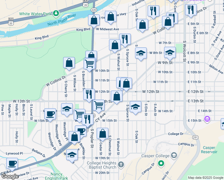 map of restaurants, bars, coffee shops, grocery stores, and more near 736 West 12th Street in Casper