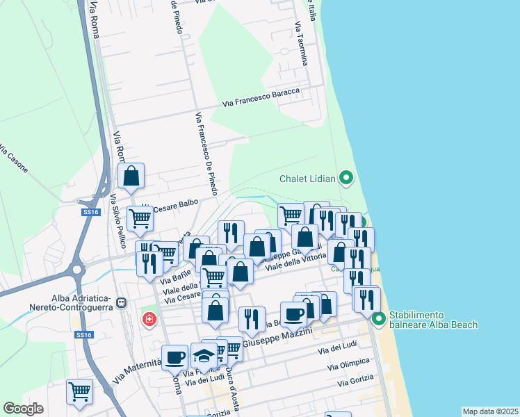 map of restaurants, bars, coffee shops, grocery stores, and more near 39 Via F. Baracca in Alba Adriatica