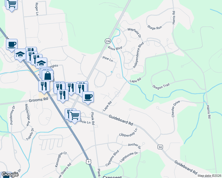 map of restaurants, bars, coffee shops, grocery stores, and more near 24A Lape Road in Waterford