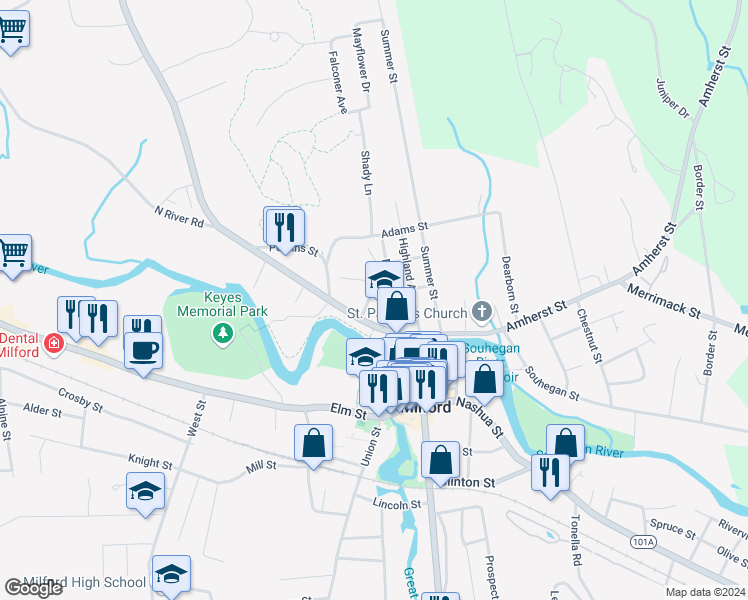 map of restaurants, bars, coffee shops, grocery stores, and more near 5 Granite Street in Milford