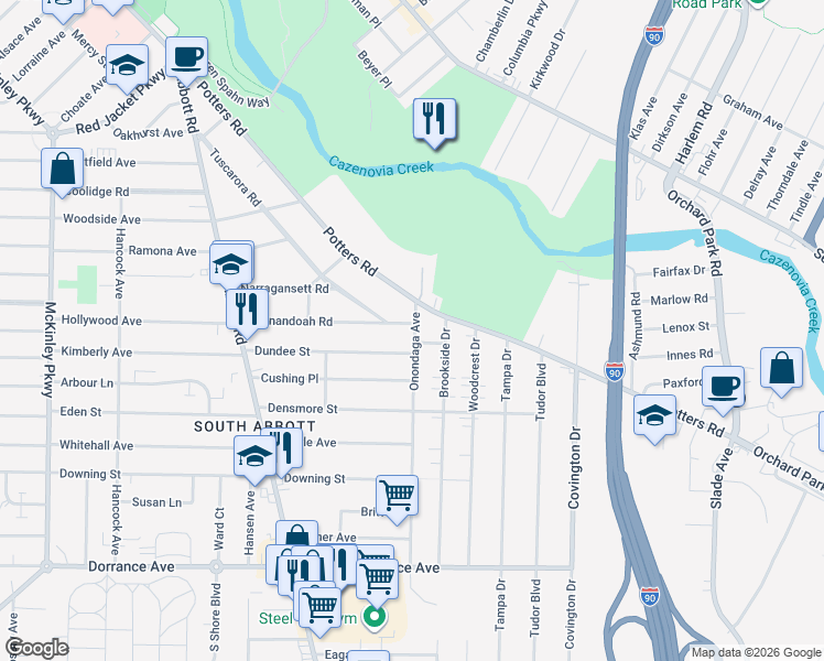 map of restaurants, bars, coffee shops, grocery stores, and more near 185 Shenandoah Road in Buffalo