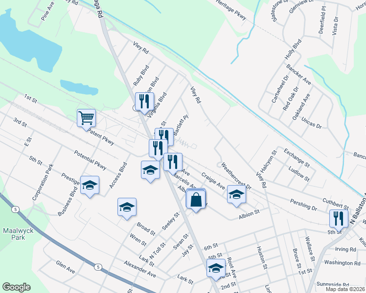 map of restaurants, bars, coffee shops, grocery stores, and more near 51 Mac Arthur Drive in Schenectady
