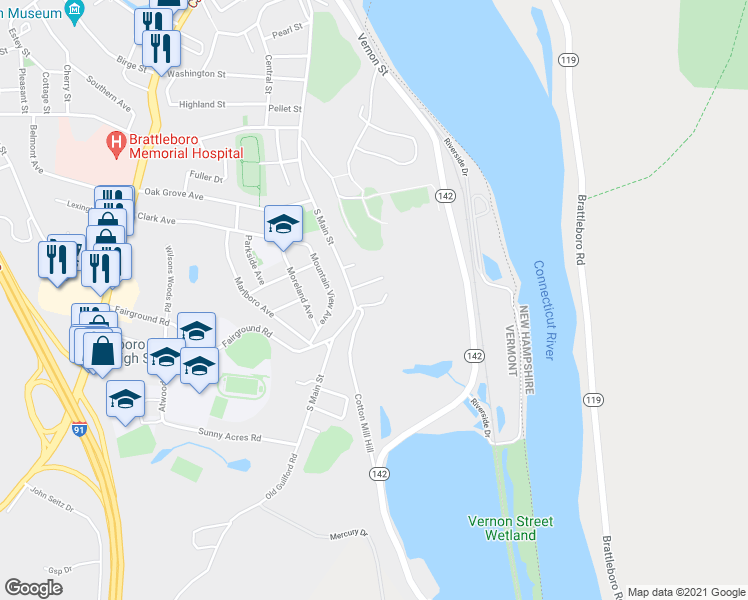 map of restaurants, bars, coffee shops, grocery stores, and more near 22 King Ave in Brattleboro