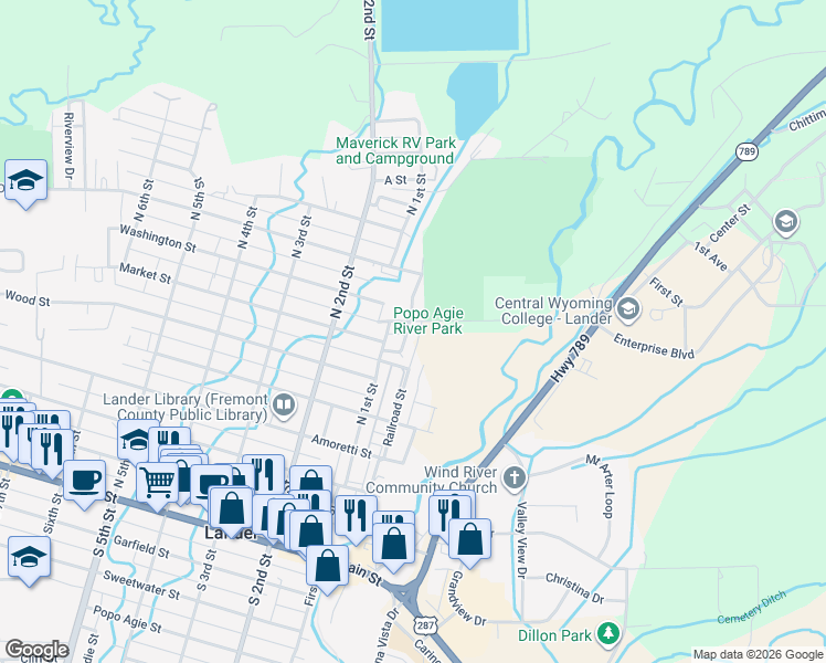 map of restaurants, bars, coffee shops, grocery stores, and more near 101-117 Poor Farm Road in Lander