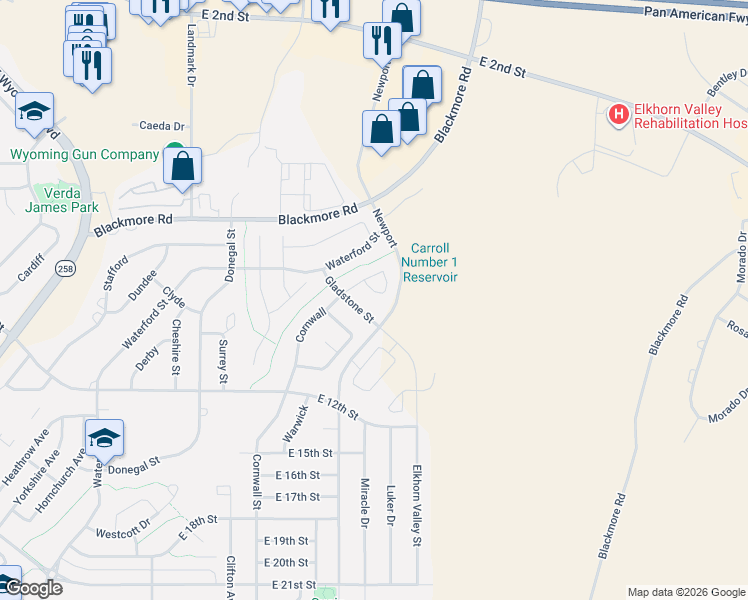 map of restaurants, bars, coffee shops, grocery stores, and more near Newport St in Casper