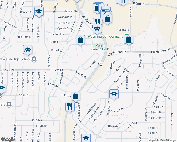 map of restaurants, bars, coffee shops, grocery stores, and more near 4056 East 12th Street in Casper