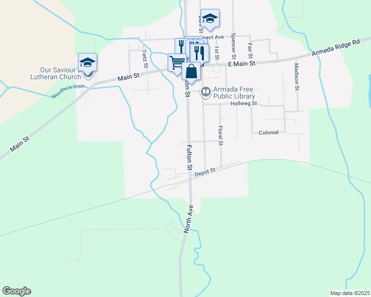 map of restaurants, bars, coffee shops, grocery stores, and more near 73381 Fulton Street in Armada