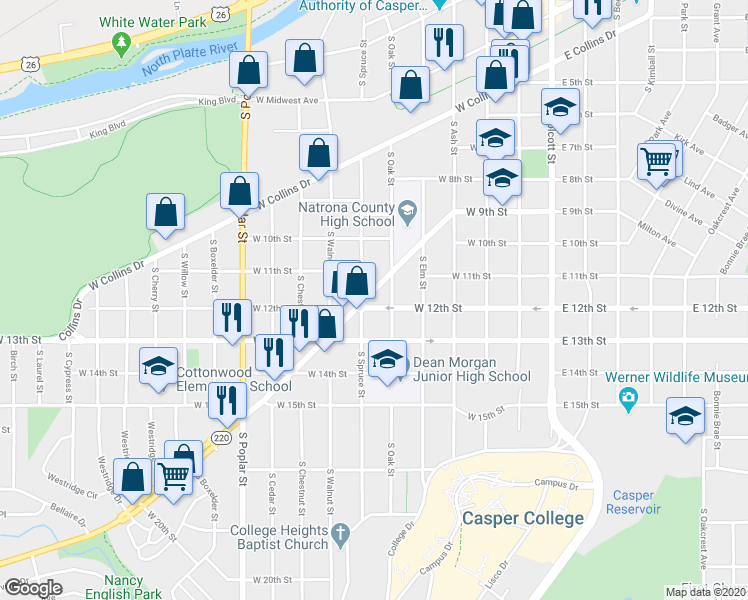 map of restaurants, bars, coffee shops, grocery stores, and more near 615 CY Avenue in Casper