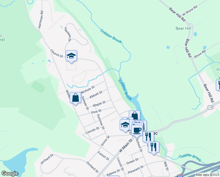map of restaurants, bars, coffee shops, grocery stores, and more near 59 Church Street in Merrimac