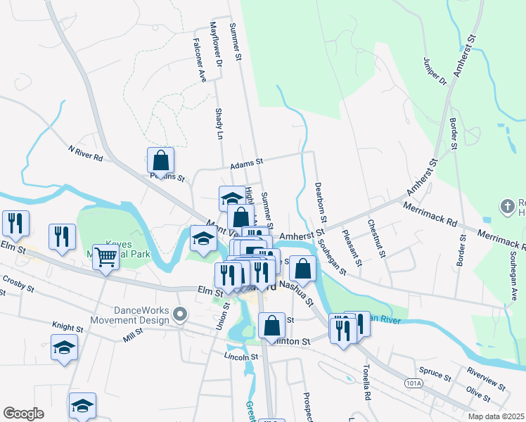map of restaurants, bars, coffee shops, grocery stores, and more near 14 Summer Street in Milford