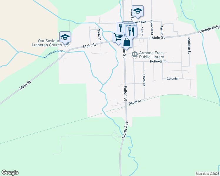 map of restaurants, bars, coffee shops, grocery stores, and more near 73381 Fulton Street in Armada