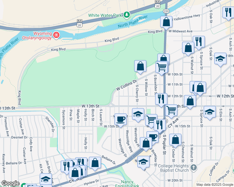 map of restaurants, bars, coffee shops, grocery stores, and more near 1180 South Locust Street in Casper