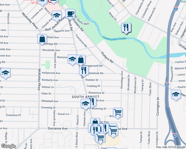 map of restaurants, bars, coffee shops, grocery stores, and more near 51 Shenandoah Road in Buffalo