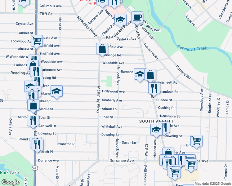 map of restaurants, bars, coffee shops, grocery stores, and more near 252 Hancock Avenue in Buffalo