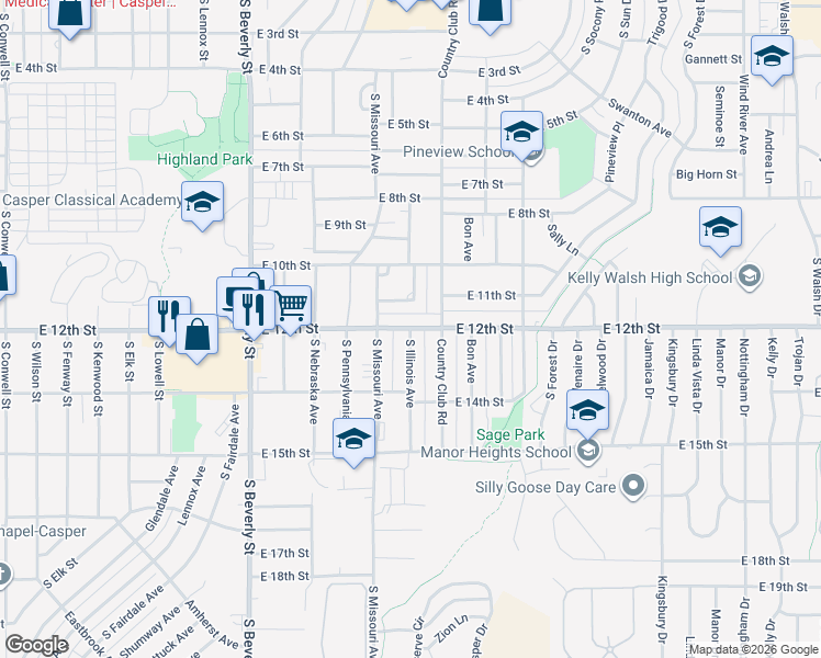 map of restaurants, bars, coffee shops, grocery stores, and more near 1201 South Illinois Avenue in Casper