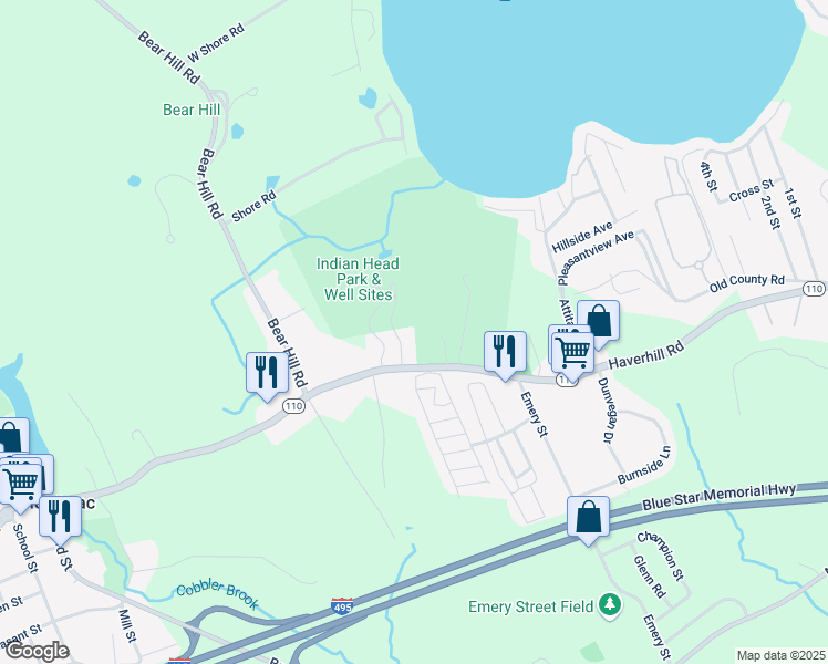 map of restaurants, bars, coffee shops, grocery stores, and more near 112 East Main Street in Merrimac