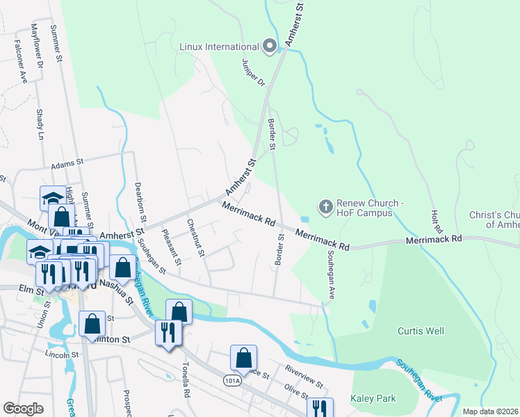 map of restaurants, bars, coffee shops, grocery stores, and more near 27 Merrimack Road in Milford