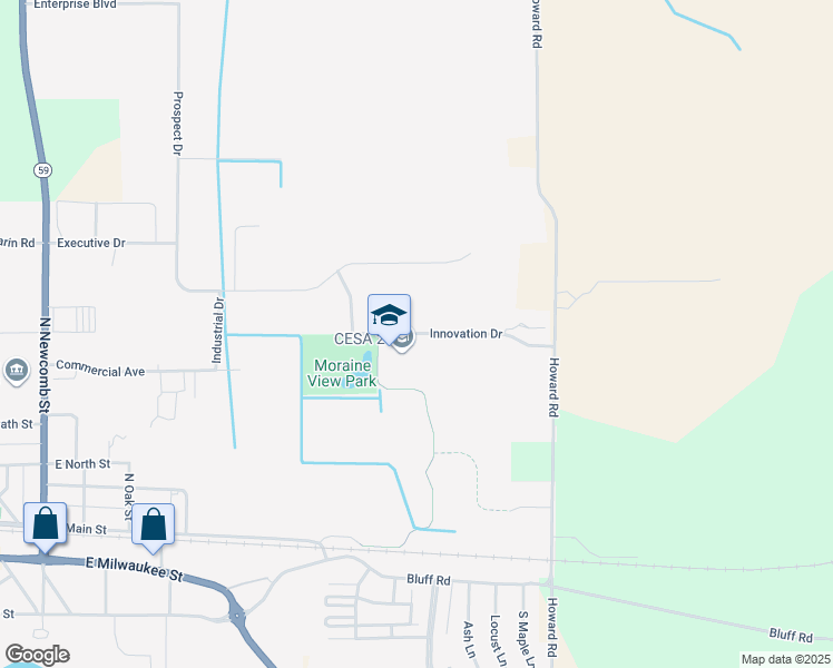 map of restaurants, bars, coffee shops, grocery stores, and more near Innovation Drive in Whitewater