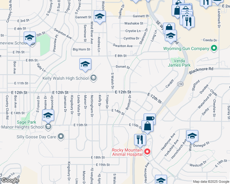 map of restaurants, bars, coffee shops, grocery stores, and more near 3955 East 12th Street in Casper