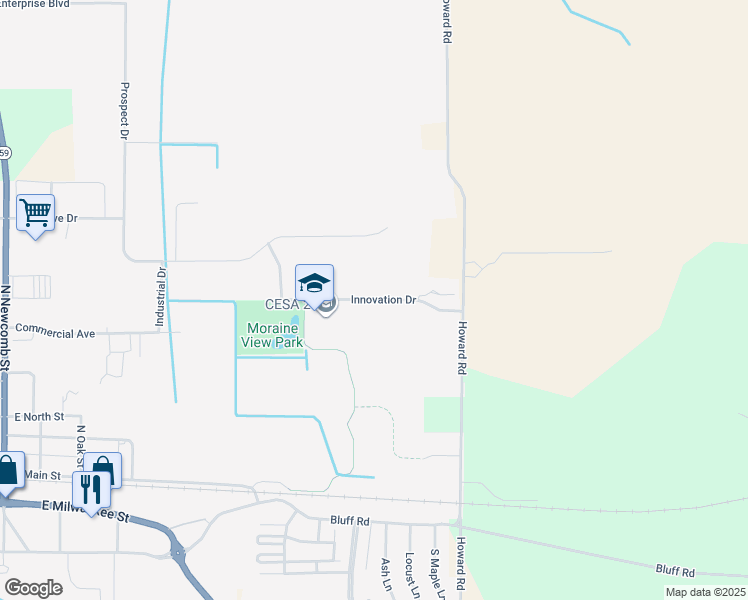 map of restaurants, bars, coffee shops, grocery stores, and more near Innovation Drive in Whitewater