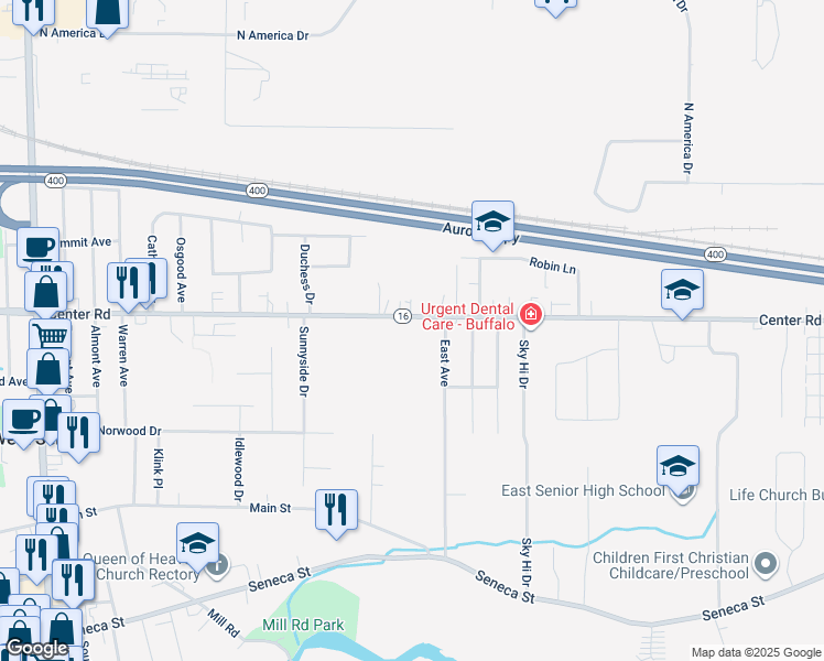 map of restaurants, bars, coffee shops, grocery stores, and more near 1161 Center Road in Buffalo