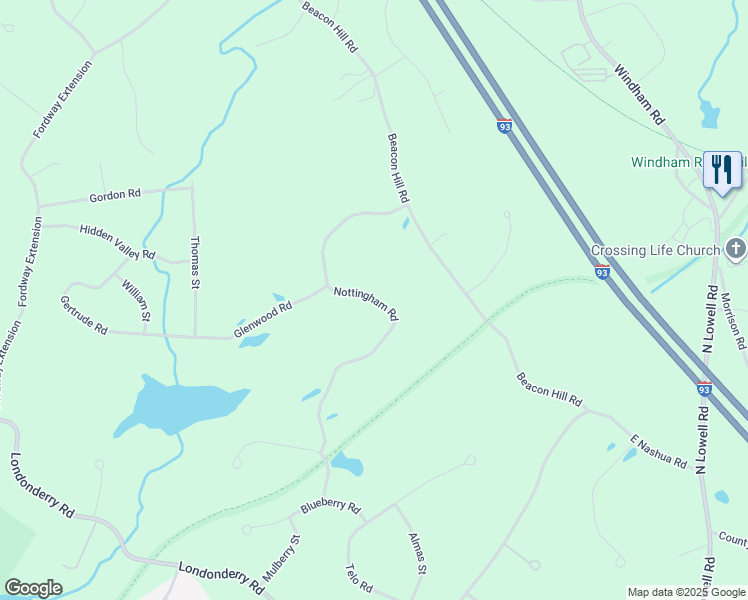 map of restaurants, bars, coffee shops, grocery stores, and more near Nottingham Road in Windham
