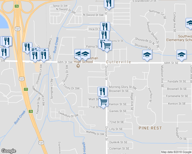 map of restaurants, bars, coffee shops, grocery stores, and more near 58 Rawlings Street Southwest in Grand Rapids
