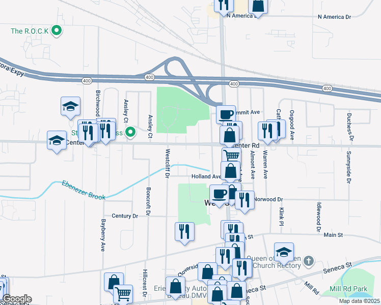 map of restaurants, bars, coffee shops, grocery stores, and more near 687 Center Road in Buffalo