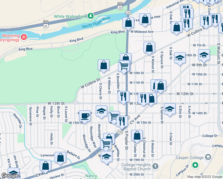 map of restaurants, bars, coffee shops, grocery stores, and more near 1140 West 12th Street in Casper
