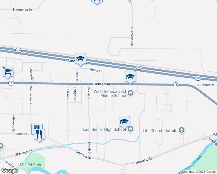 map of restaurants, bars, coffee shops, grocery stores, and more near 52 Gerard Drive in Buffalo
