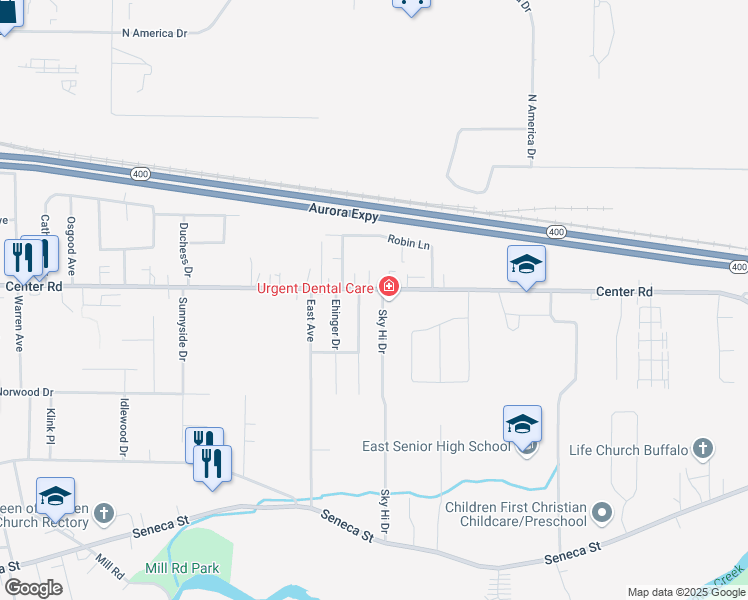 map of restaurants, bars, coffee shops, grocery stores, and more near 261 Sky Hi Drive in Buffalo