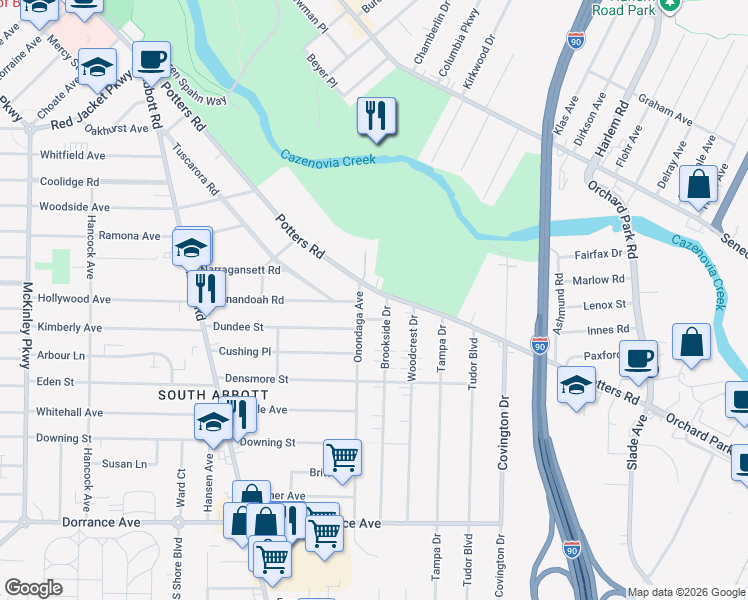 map of restaurants, bars, coffee shops, grocery stores, and more near 20 Brookside Drive in Buffalo