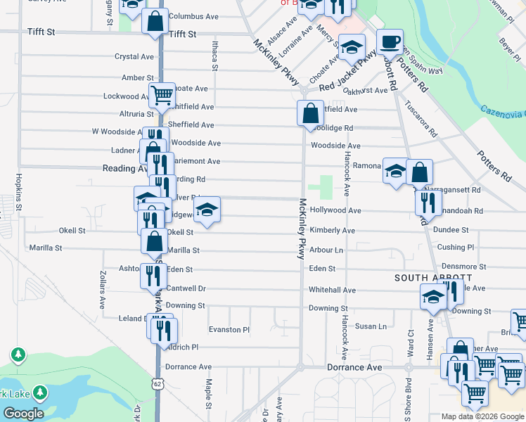 map of restaurants, bars, coffee shops, grocery stores, and more near 165 Ridgewood Road in Buffalo