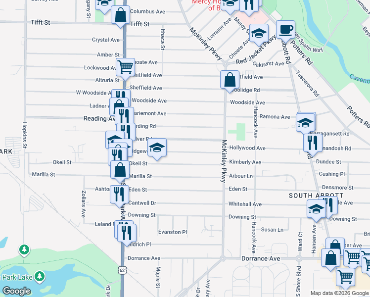 map of restaurants, bars, coffee shops, grocery stores, and more near 125 Ridgewood Road in Buffalo