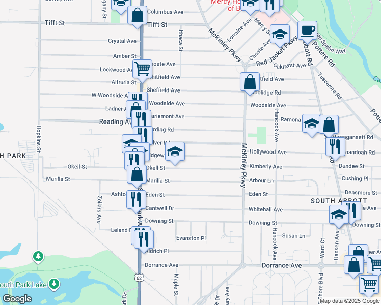 map of restaurants, bars, coffee shops, grocery stores, and more near 125 Ridgewood Road in Buffalo