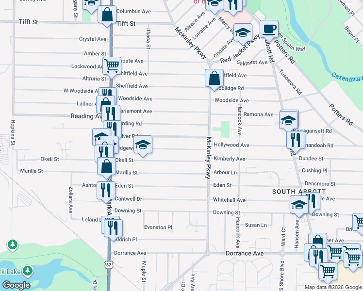 map of restaurants, bars, coffee shops, grocery stores, and more near 165 Ridgewood Road in Buffalo