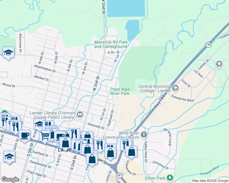 map of restaurants, bars, coffee shops, grocery stores, and more near 101 Poor Farm Road in Lander