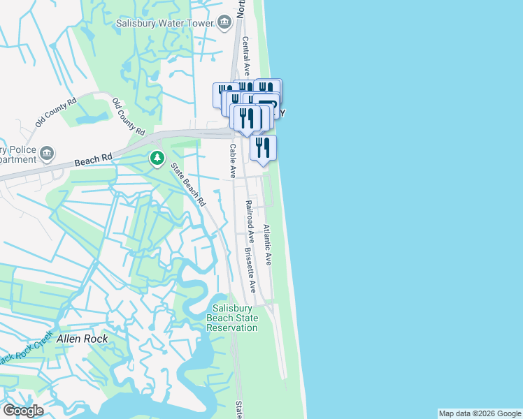 map of restaurants, bars, coffee shops, grocery stores, and more near 52 Atlantic Avenue in Salisbury