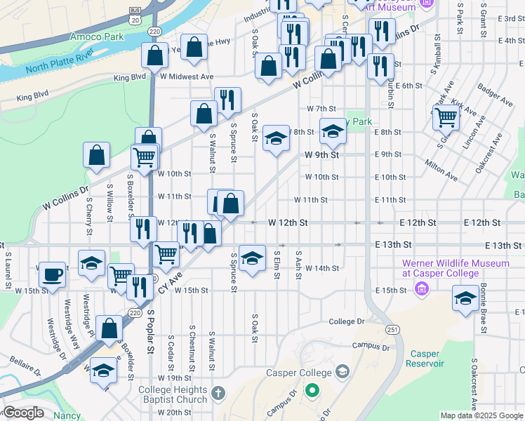 map of restaurants, bars, coffee shops, grocery stores, and more near 1131 South Oak Street in Casper