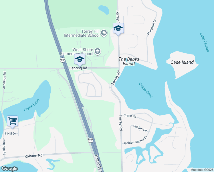 map of restaurants, bars, coffee shops, grocery stores, and more near 13096 Torrey Road in Fenton