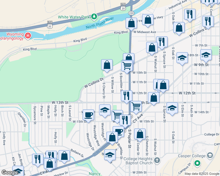 map of restaurants, bars, coffee shops, grocery stores, and more near 1140 West 12th Street in Casper