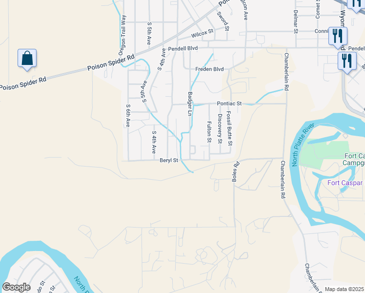 map of restaurants, bars, coffee shops, grocery stores, and more near 500 Badger Lane in Mills